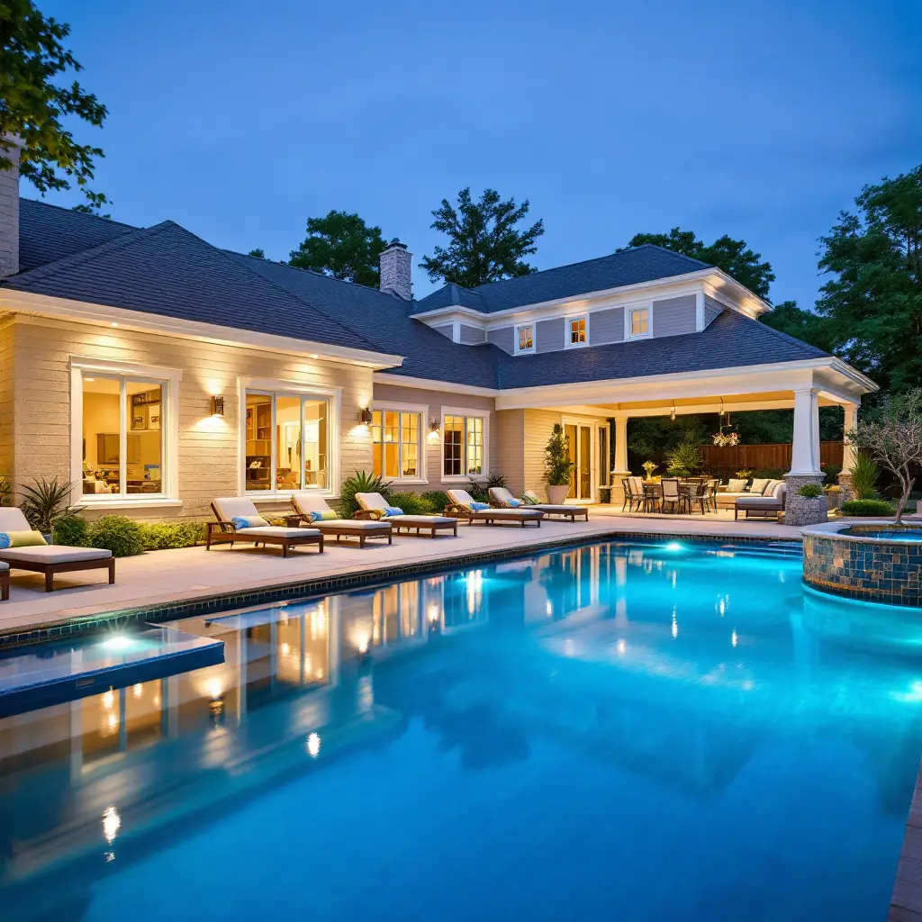 Luxurious backyard at dusk: illuminated pool, lounge chairs, and a covered patio with dining area beside a modern house at twilight.