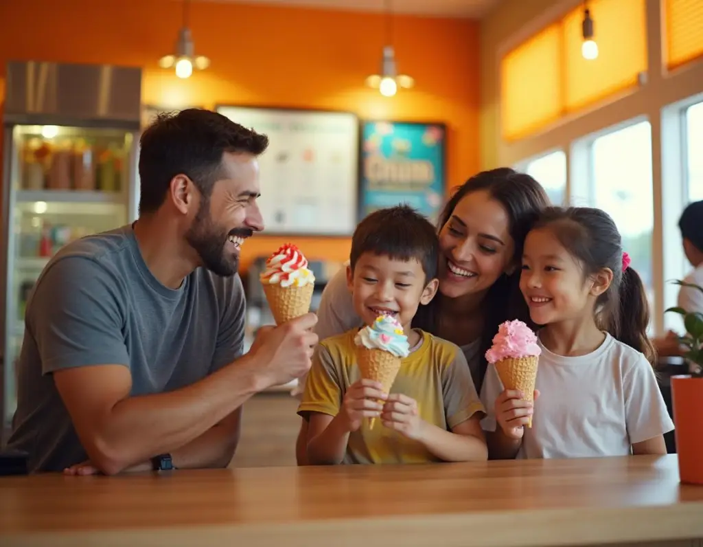 Family of four enjoying colorful ice cream cones at a bright cafe with warm lighting.] ,
