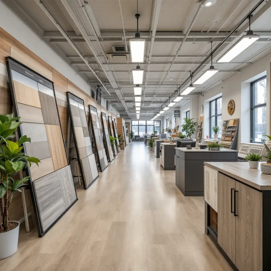 Showroom with tall display panels of wood flooring samples along the left wall, a bright, modern interior with desks and plants on the right and large windows at the far end