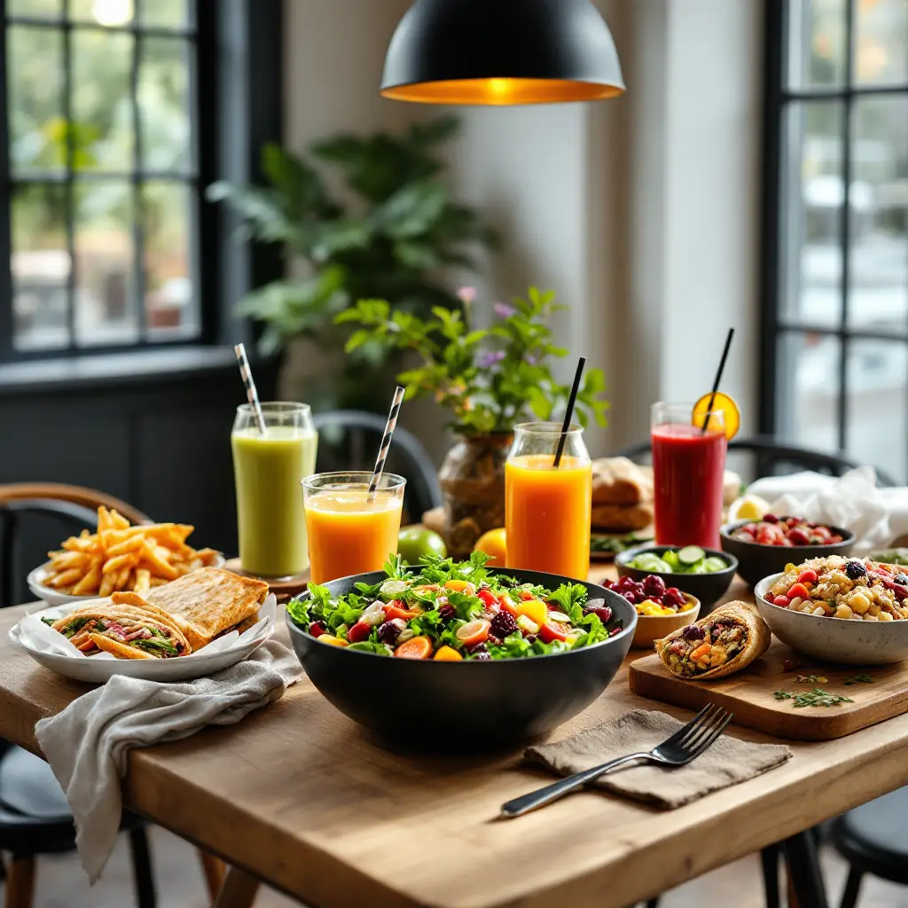 Table spread of a colorful salad bowl, wraps, fries, bowls of toppings, and four vibrant juice drinks under a warm pendant light in a cozy dining room.