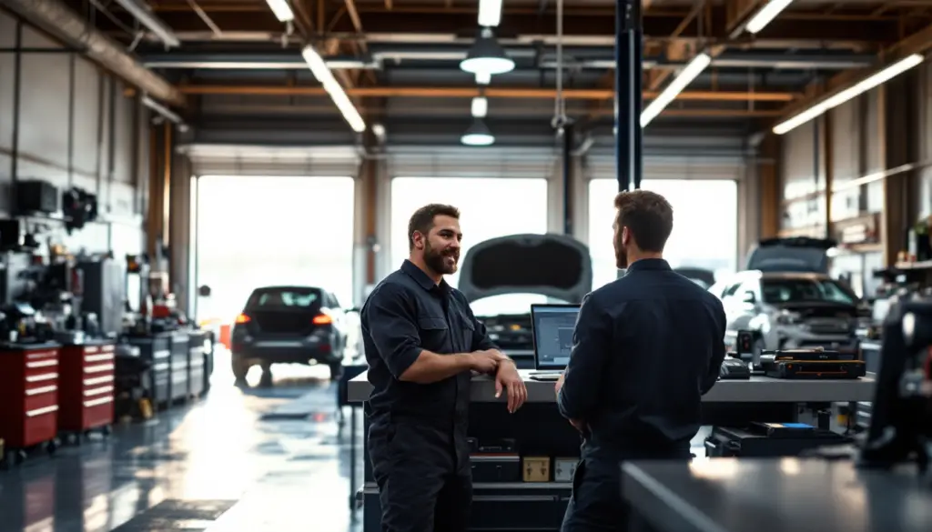 Two automotive technicians in dark uniforms converse at a wheeled workbench while a car with its hood open sits in a bright, busy shop behind them