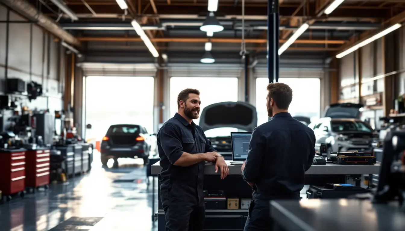 Two automotive technicians in dark uniforms converse at a wheeled workbench while a car with its hood open sits in a bright, busy shop behind them