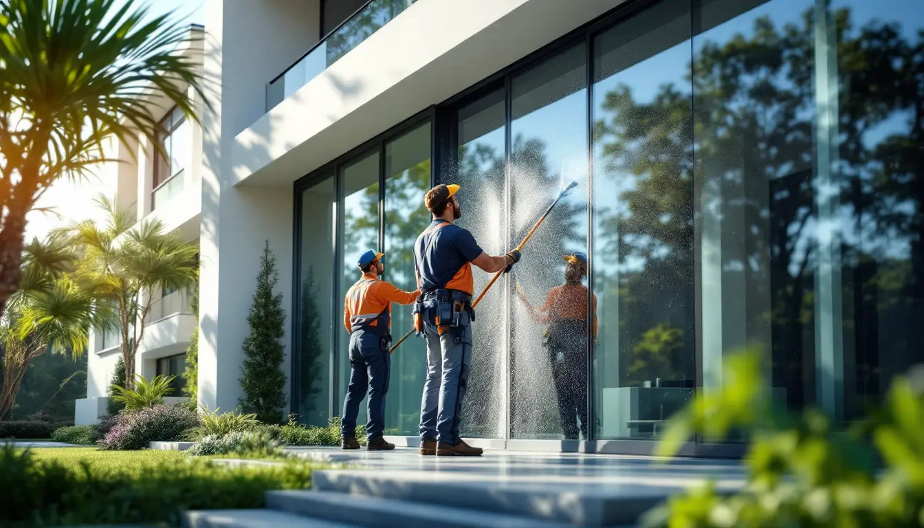 Two workers in orange and navy uniforms spray and wipe the large glass entrance of a modern building, sunlight filtering through palm trees nearby.