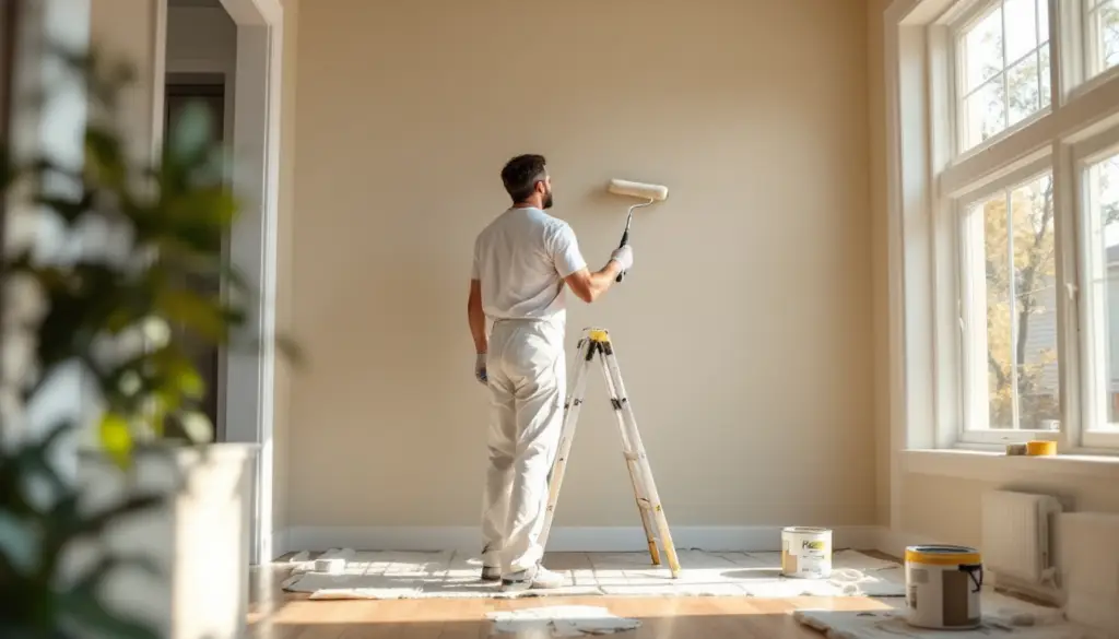 A man in white overalls paints a beige interior wall with a roller while standing on a ladder in a sunlit room.
