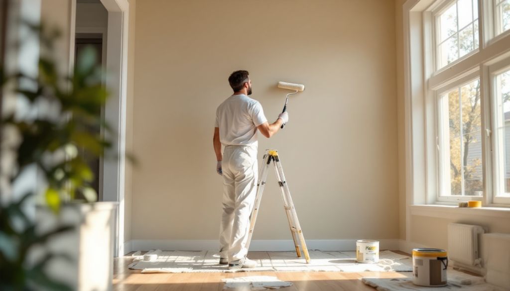 Painter on a ladder rolling beige paint onto a wall in a bright room with large windows in the background.