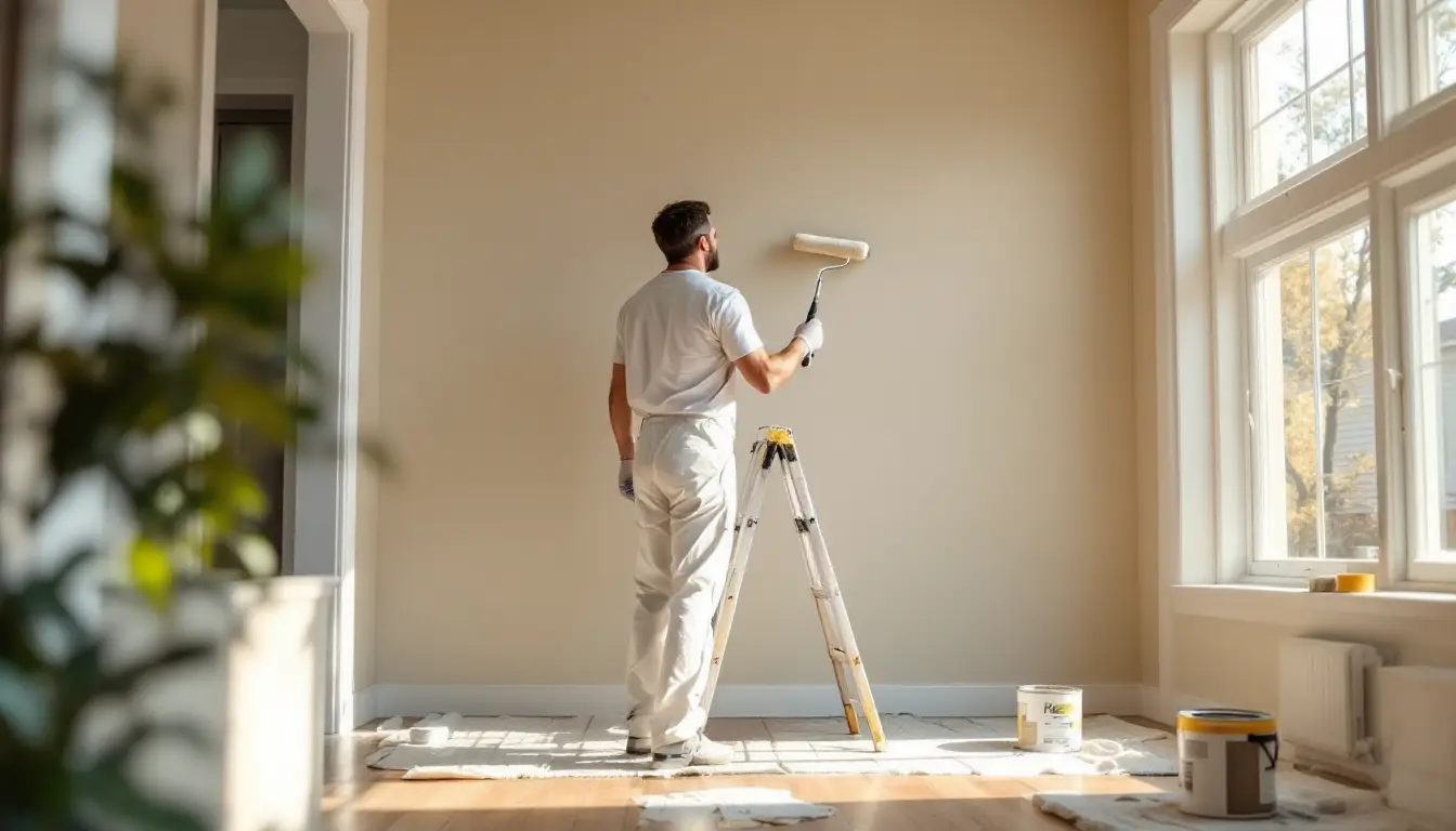 Painter on a ladder rolling beige paint onto a wall in a bright room with large windows in the background.