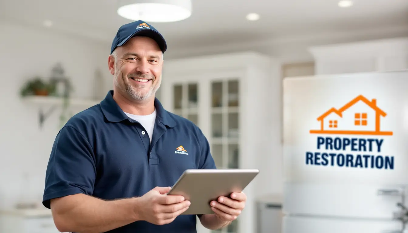 Smiling man in a navy polo and cap holds a tablet indoors beside a display sign that reads 'PROPERTY RESTORATION' with an orange house logo.