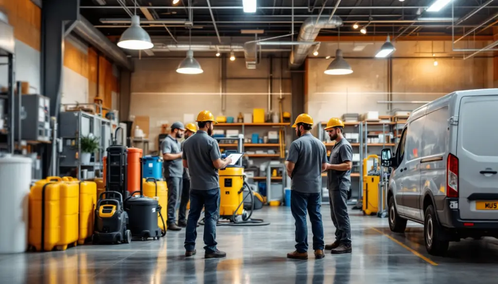 Group of workers with yellow hard hats stand in a workshop, discussing near a white van and yellow containers.