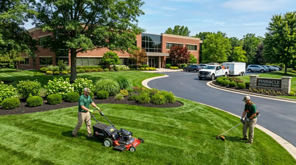 Lawn care workers maintain a manicured green lawn in front of a brick office building, with a curved driveway and landscaped shrubs nearby at Pinnacle Business Park in clear weather.