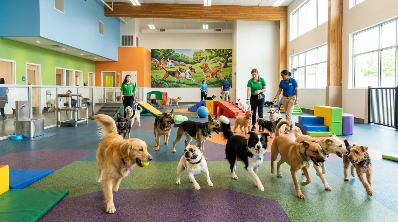 Dogs of various breeds running together in a bright indoor dog daycare with staff supervising and colorful play equipment nearby.