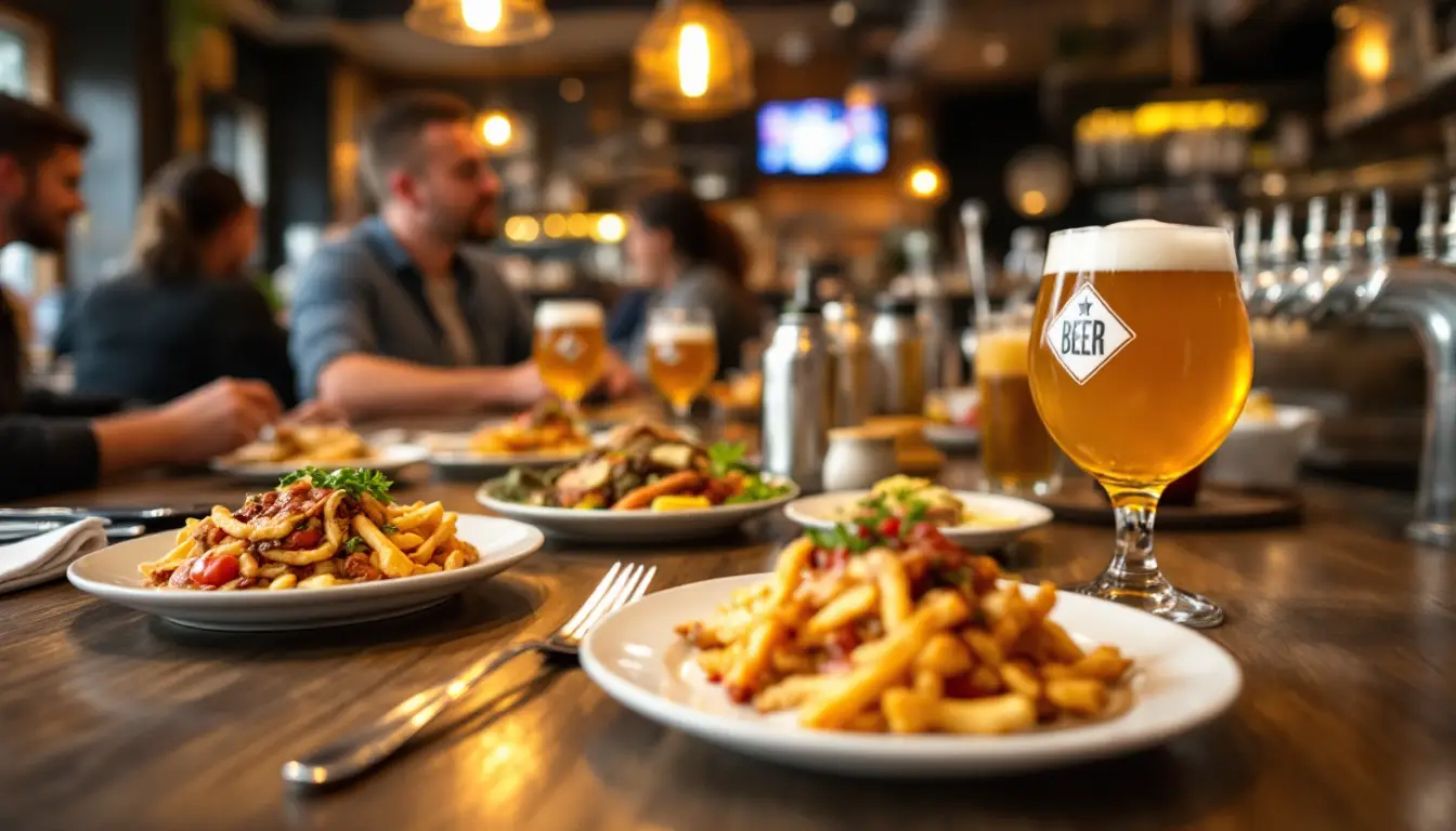 A beer-filled glass with a frothy head on a wooden bar, surrounded by plates of fries and pasta for a social dining scene.