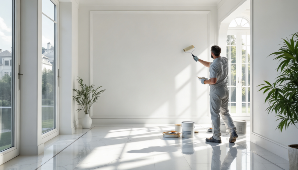 A man painting a white wall with a roller in a bright room, with paint cans on the floor and large windows nearby.