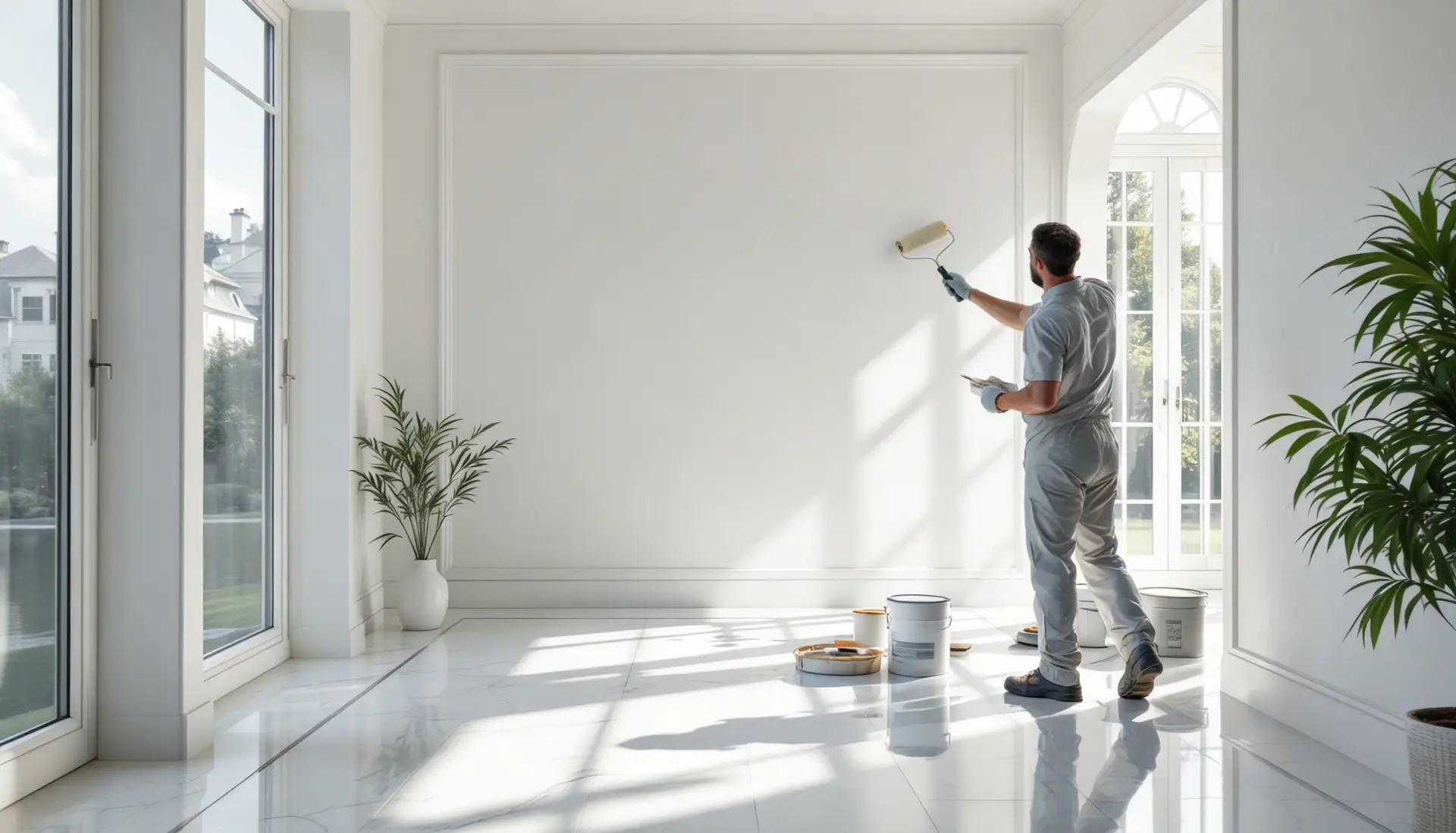 A man painting a white wall with a roller in a bright room, with paint cans on the floor and large windows nearby.