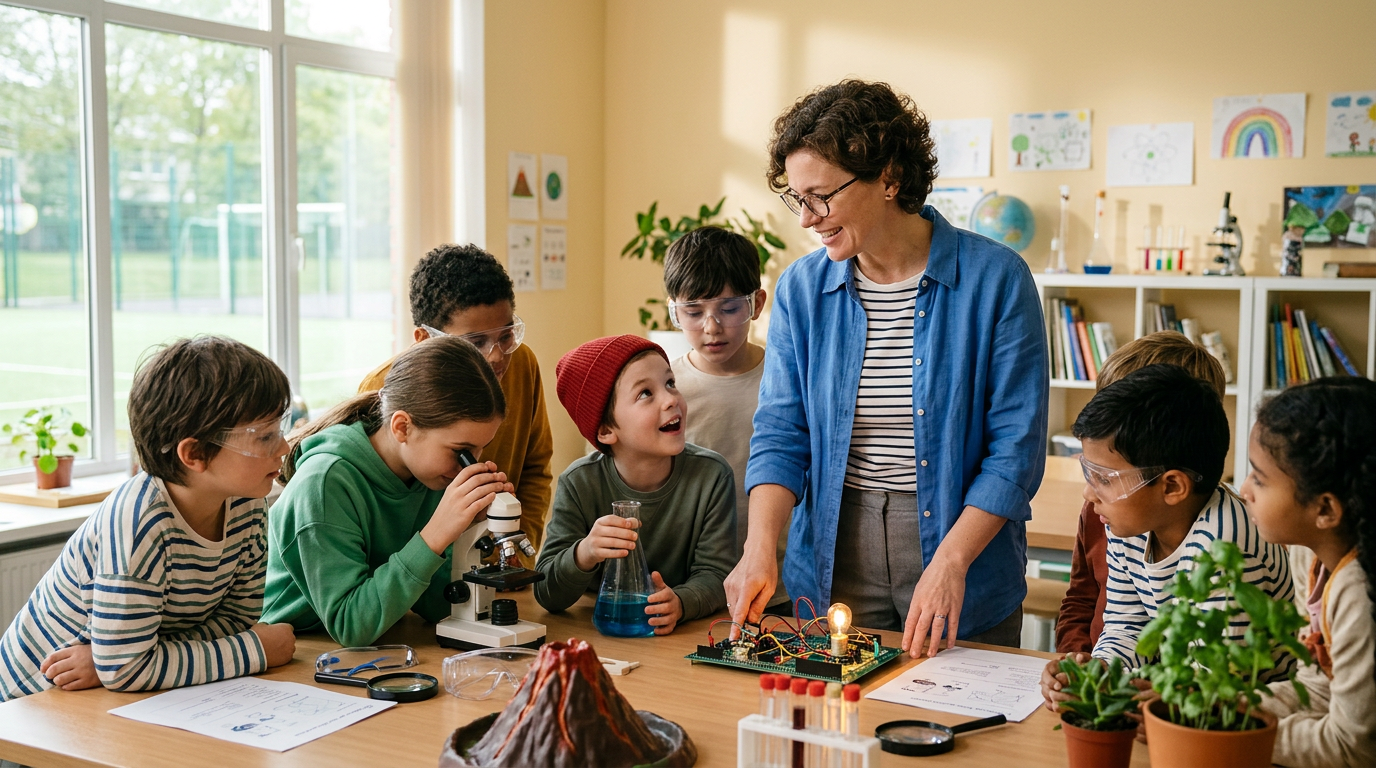 Teacher leads a science classroom as kids observe a volcano model, microscope, and circuit board on a lab table, engaged in learning.