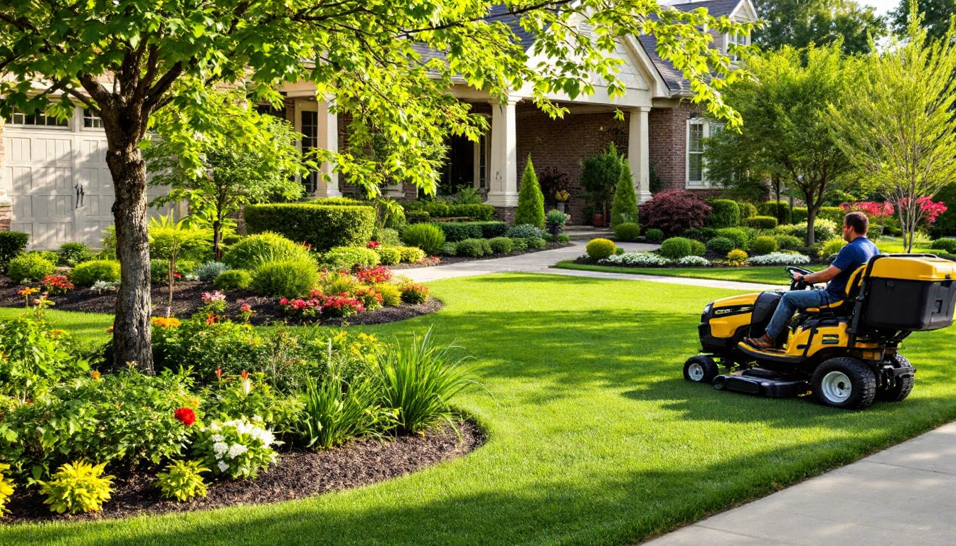 Man riding a yellow riding lawn mower across a well-kept front lawn in front of a landscaped suburban house.