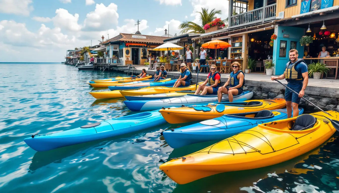 Group of people wearing life jackets sit in colorful kayaks along a turquoise waterway by a tropical waterfront with shops and orange umbrellas.