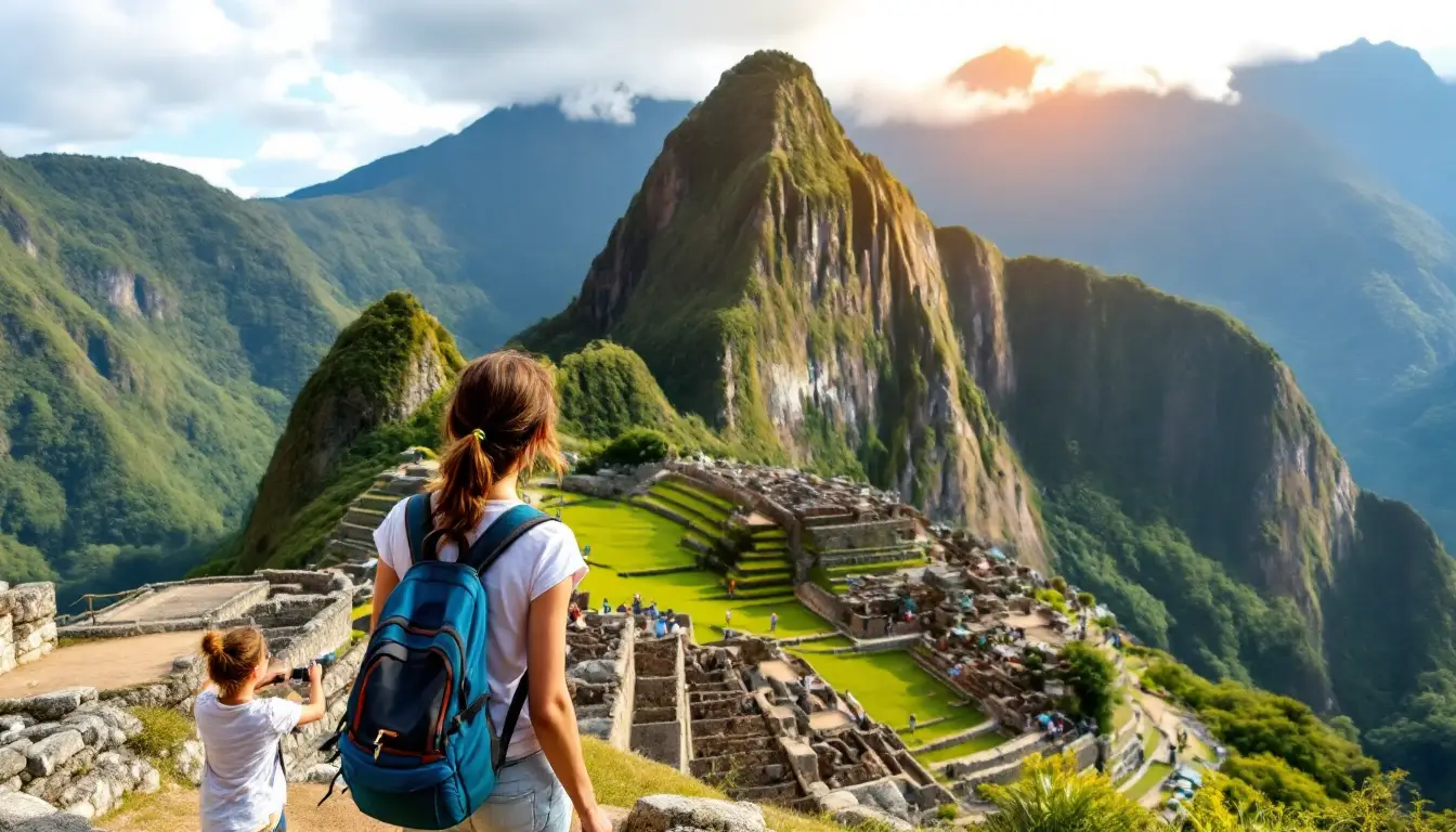 Two hikers with backpacks stand on stone terraces overlooking Machu Picchu amid green mountains at sunset/light rays. Transitioning terraces and ancient ruins spread below them.