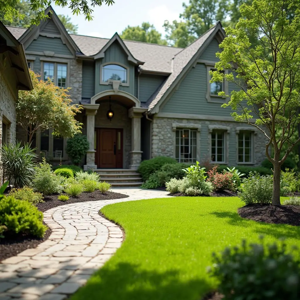 Curved stone walkway leading to a two-story house with stone accents and a manicured front yard.