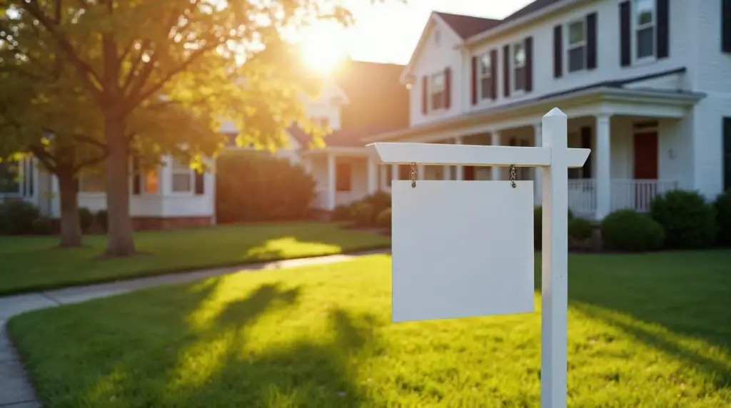 Blank white real estate sign in a suburban front yard with a white house, green lawn, and sun glare in the background (for sale sign not shown)