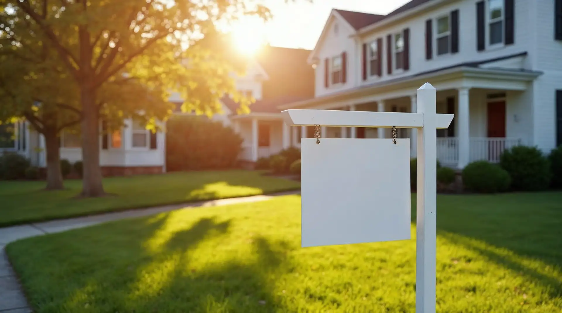 Blank white real estate sign in a suburban front yard with a white house, green lawn, and sun glare in the background (for sale sign not shown)