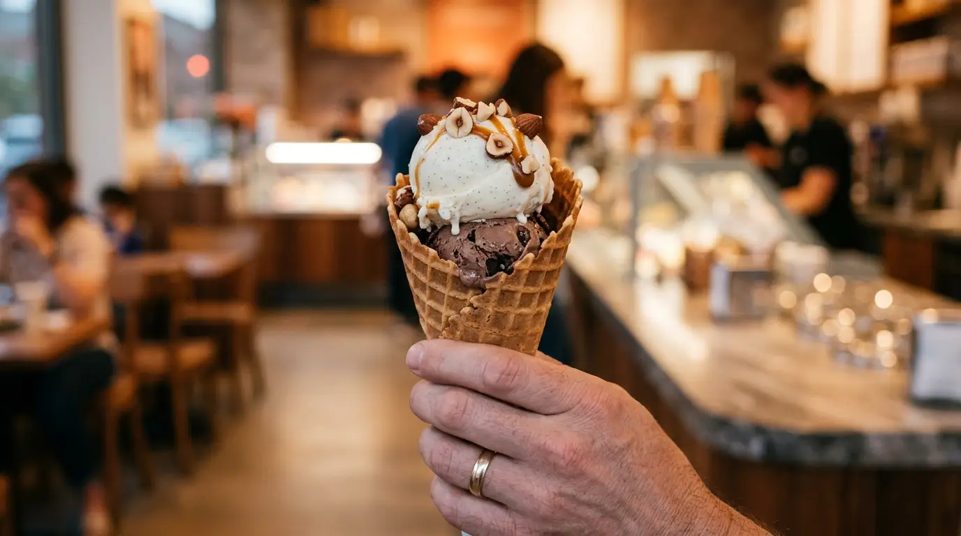 Hand holding a waffle cone with two scoops of ice cream topped with nuts and caramel in a cozy cafe.