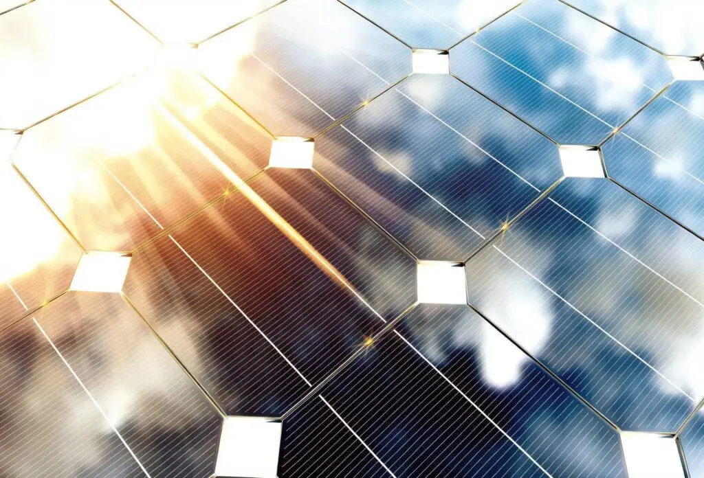 Close-up of blue solar panels arranged in a hexagonal pattern with bright sunlight.