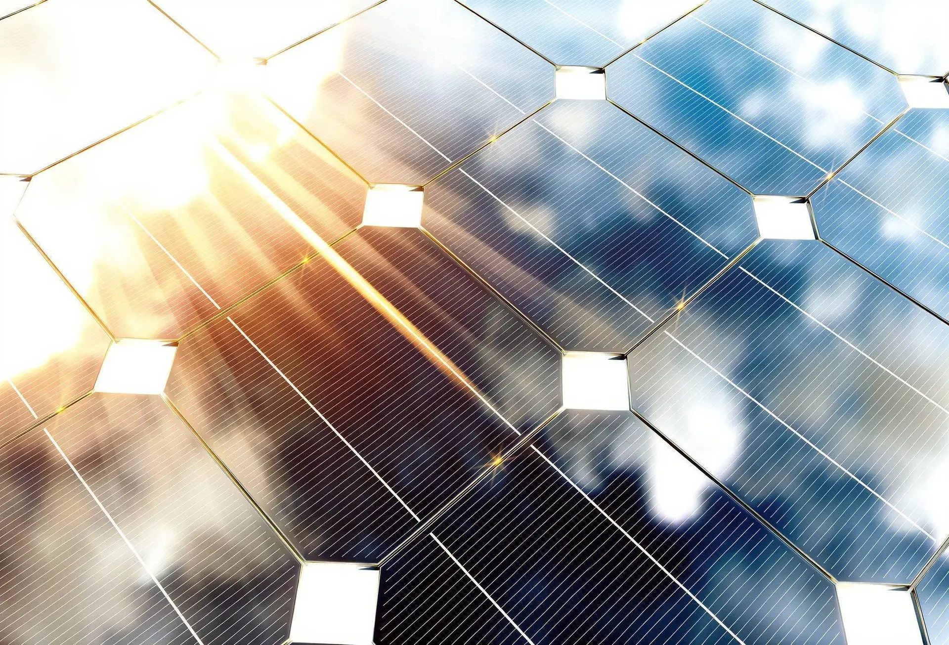 Close-up of blue solar panels arranged in a hexagonal pattern with bright sunlight.