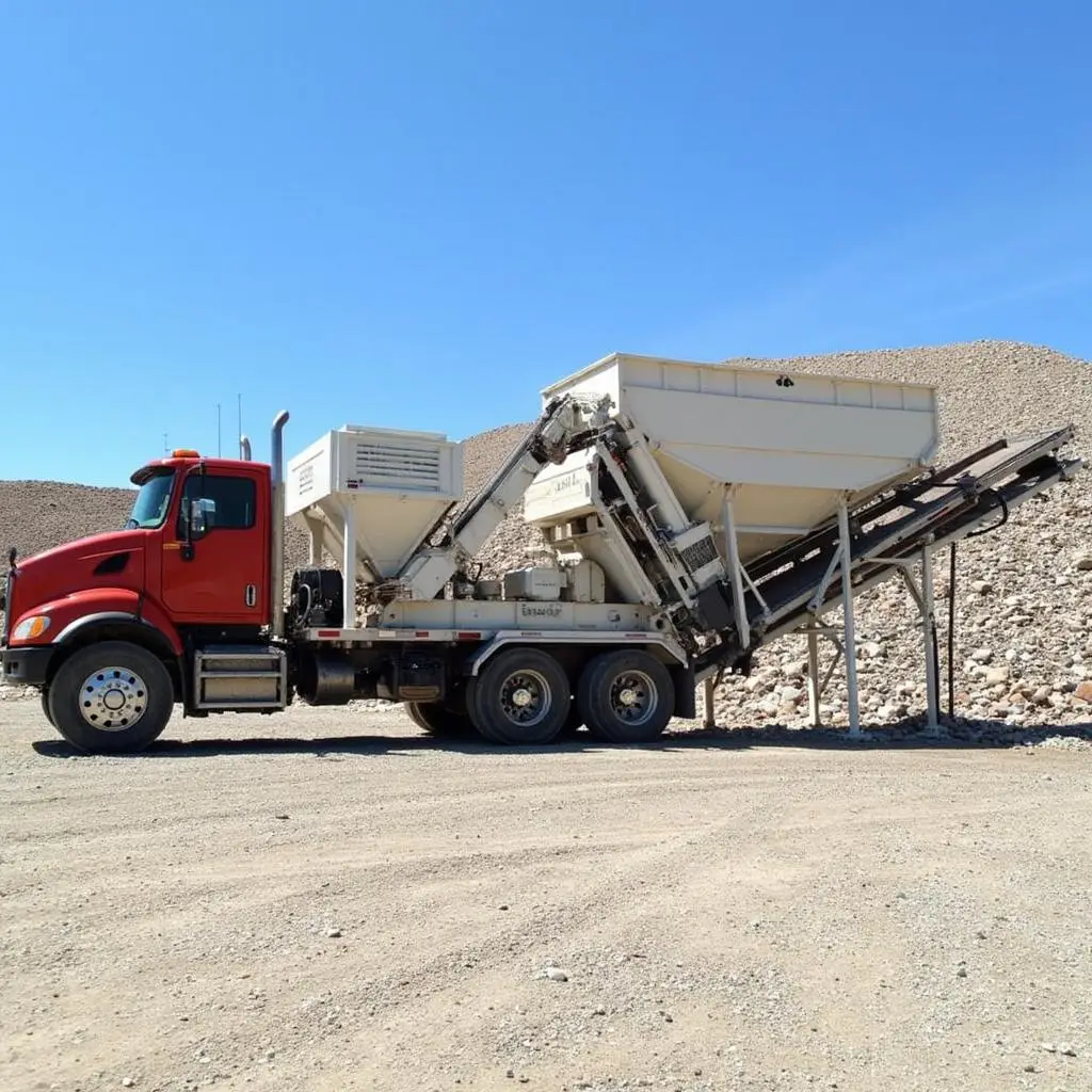 Red semi-truck with a large hopper and conveyor system for rock processing at a gravel quarry under a blue sky.