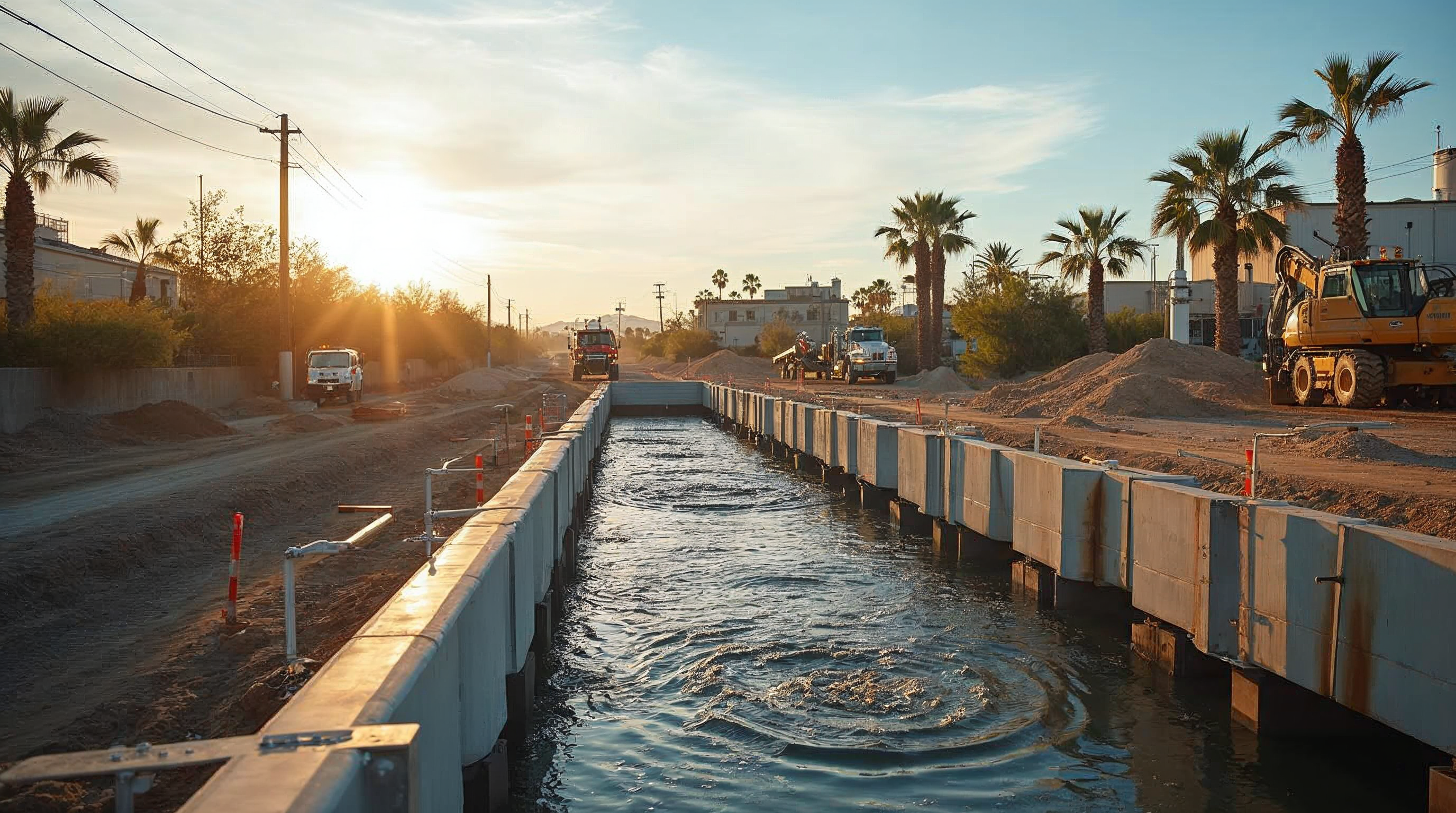 Construction site along a canal at sunset with concrete barriers, dirt piles, and heavy machinery including excavators in the background; palm trees line the area.