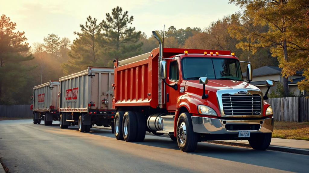 Red semi-truck with a dump-style trailer connected to two gray dump trailers on a suburban street at sunset.