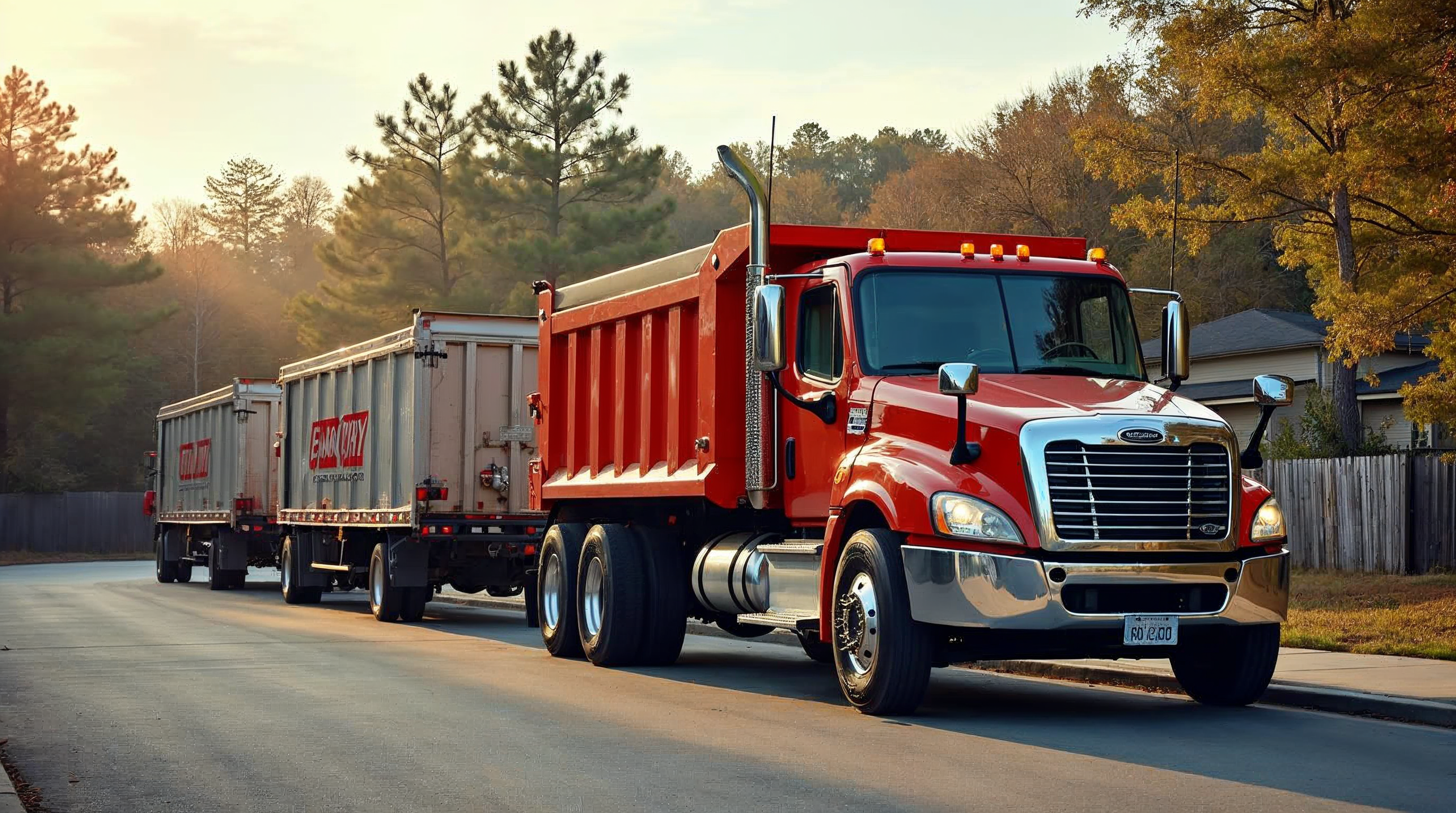 Red semi-truck with a dump-style trailer connected to two gray dump trailers on a suburban street at sunset.