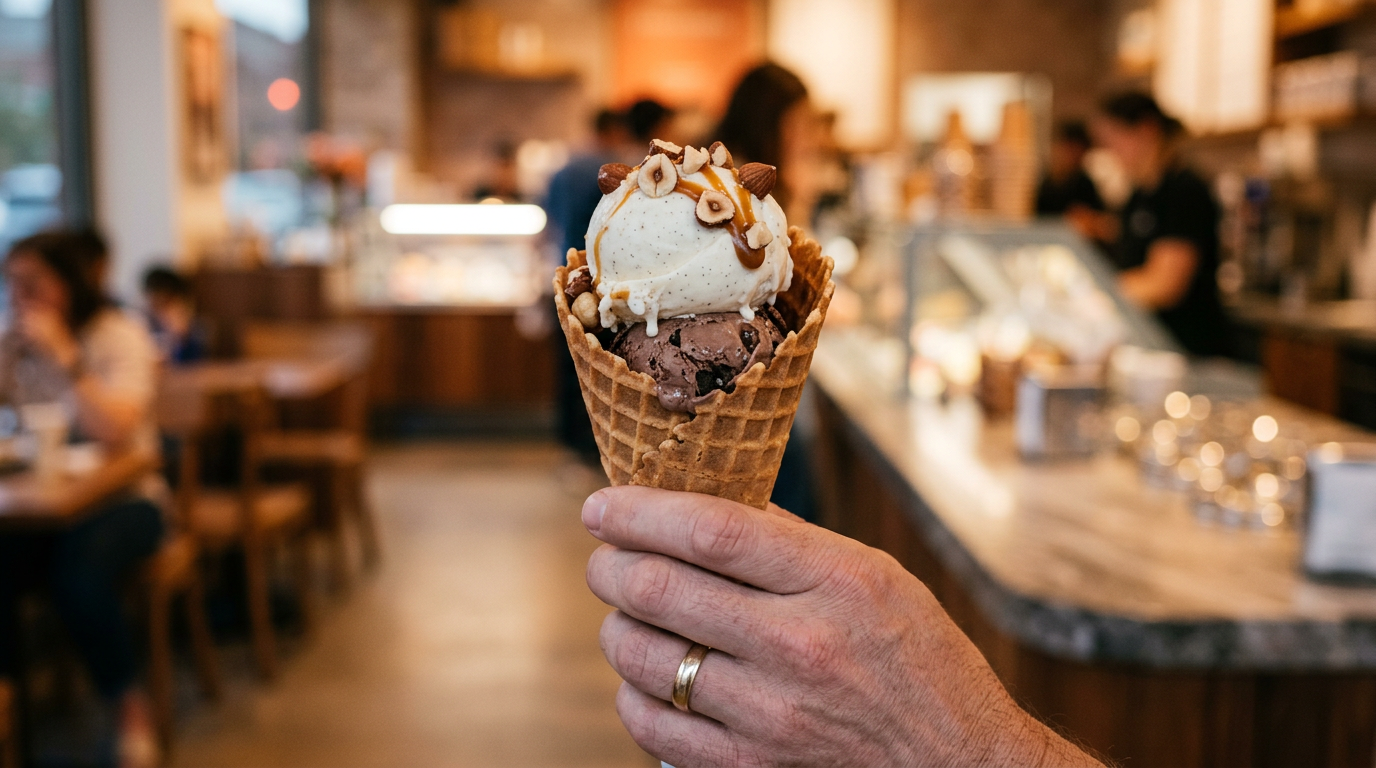 Close-up of a hand with a gold wedding band holding a waffle cone with vanilla and chocolate ice cream topped with nuts in a cafe setting.