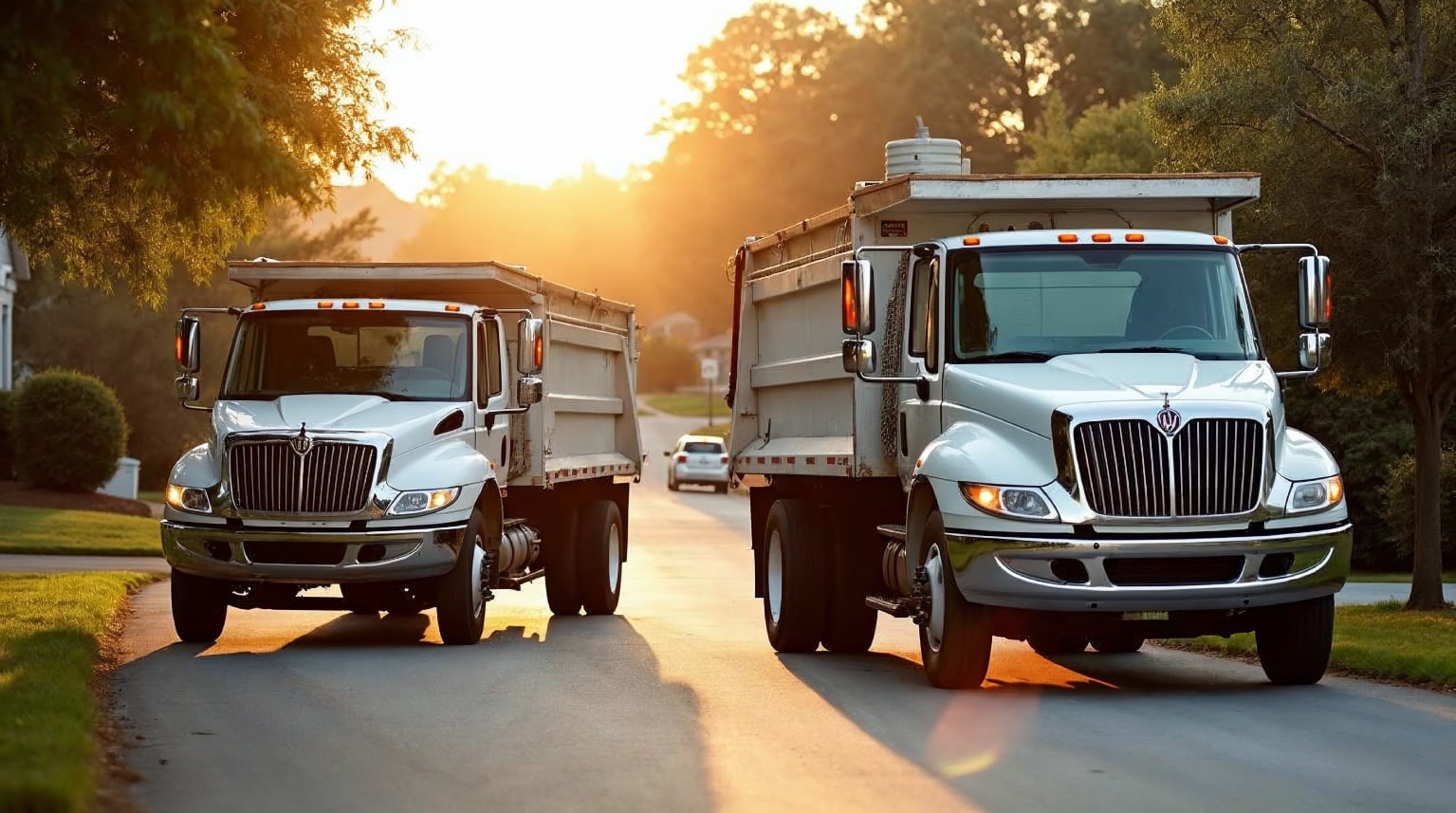 Two large white dump trucks parked on a suburban street at sunset, facing the camera with lights on.