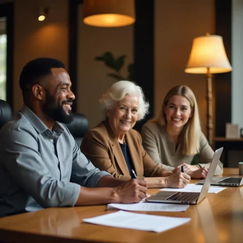 3 people in a conference room signing papers