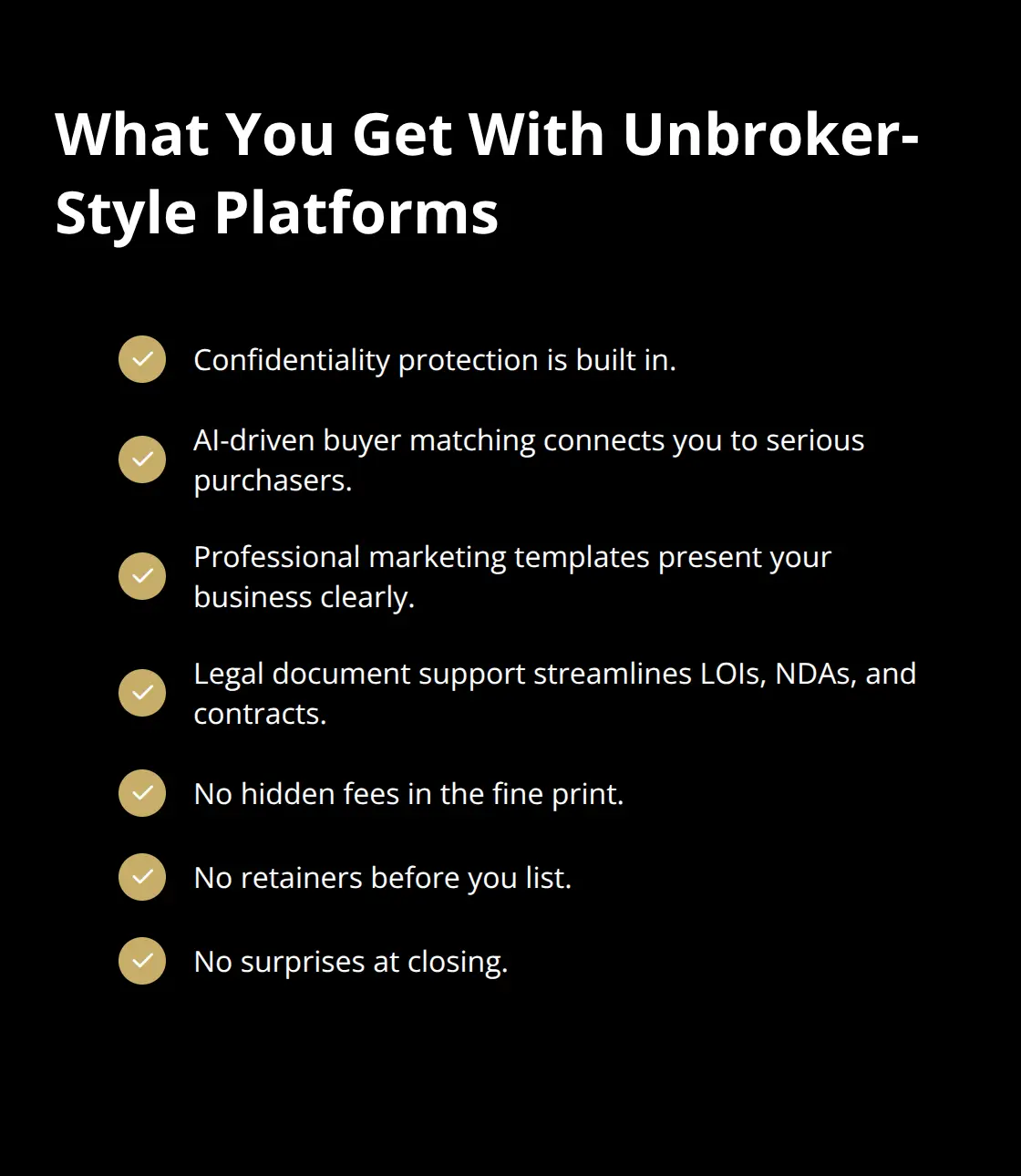 Checklist of features included with modern business sale platforms, highlighting cost transparency and essential tools.
