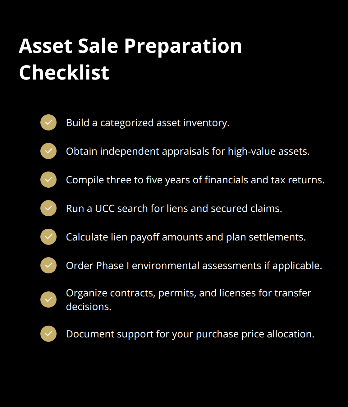 Checklist of key documents and tasks U.S. owners should complete before selling assets. - asset sale approach