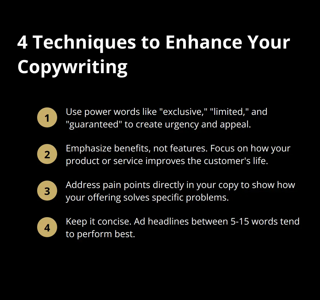 Ordered list chart showing four techniques to enhance copywriting: Use power words, Emphasize benefits not features, Address pain points, and Keep it concise.