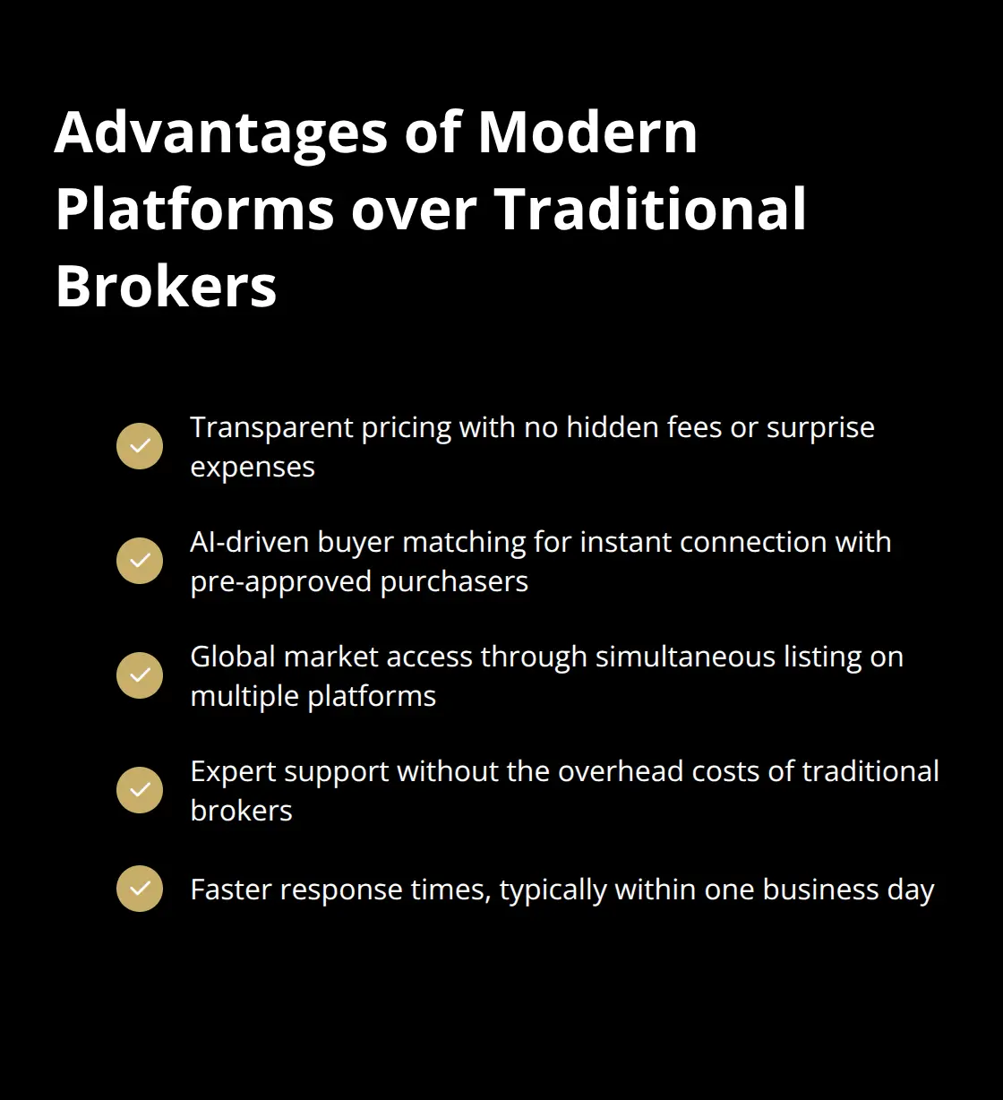Checkmark list showing the benefits of modern platforms compared to traditional business brokers