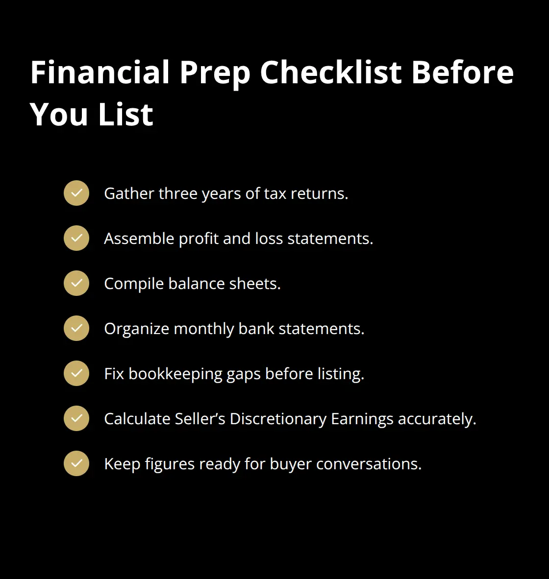 Checklist of financial documents and tasks to complete before listing a business for sale