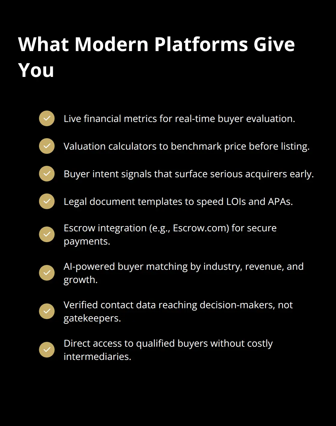 Checklist of core features sellers get on modern business sale platforms - business sale platform overview