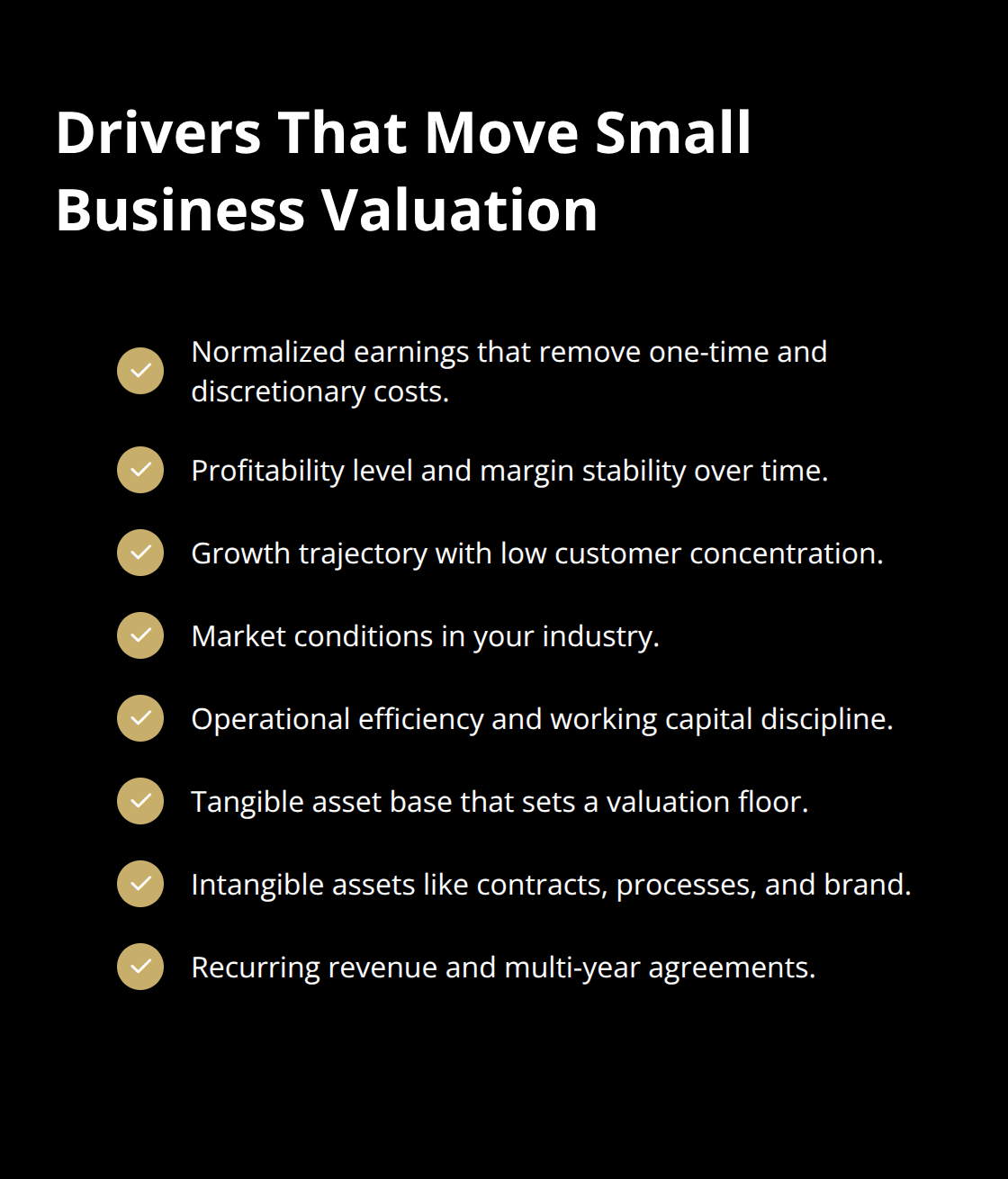 Checklist of the main drivers that increase or decrease small business valuation. - business valuation basics