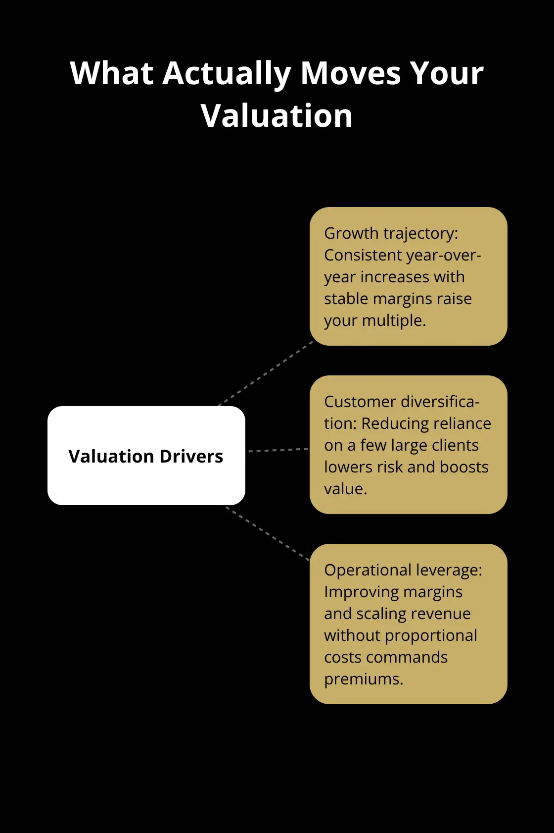 Hub-and-spoke chart of the core valuation drivers buyers pay for