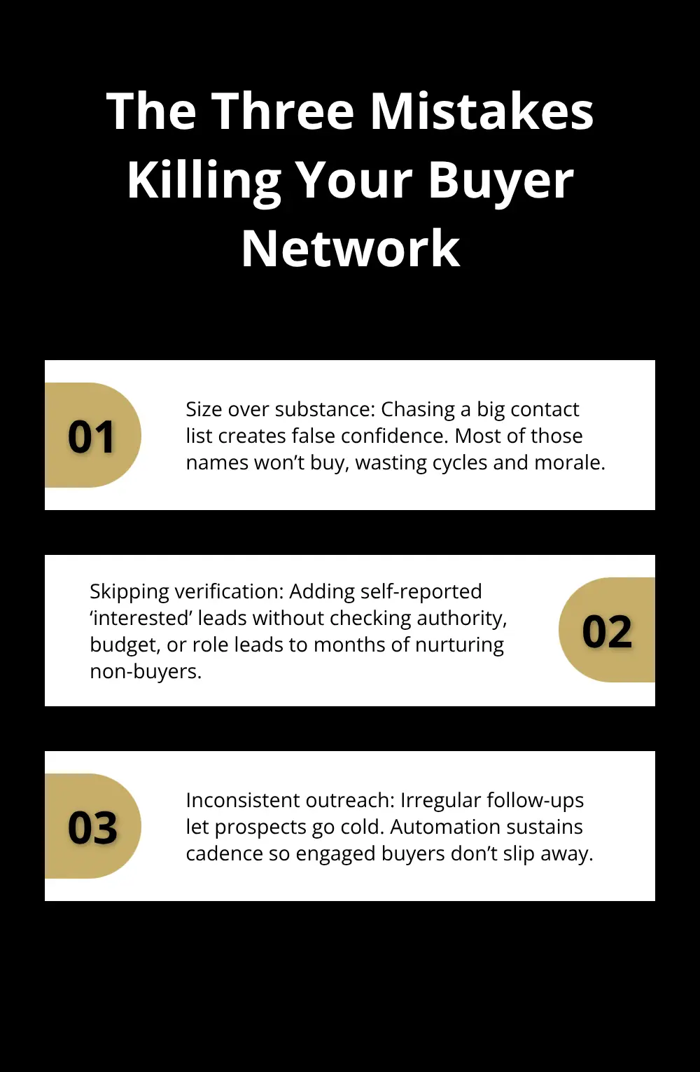 Stylized list explaining three common buyer network mistakes and how they derail results. - buyer network platform