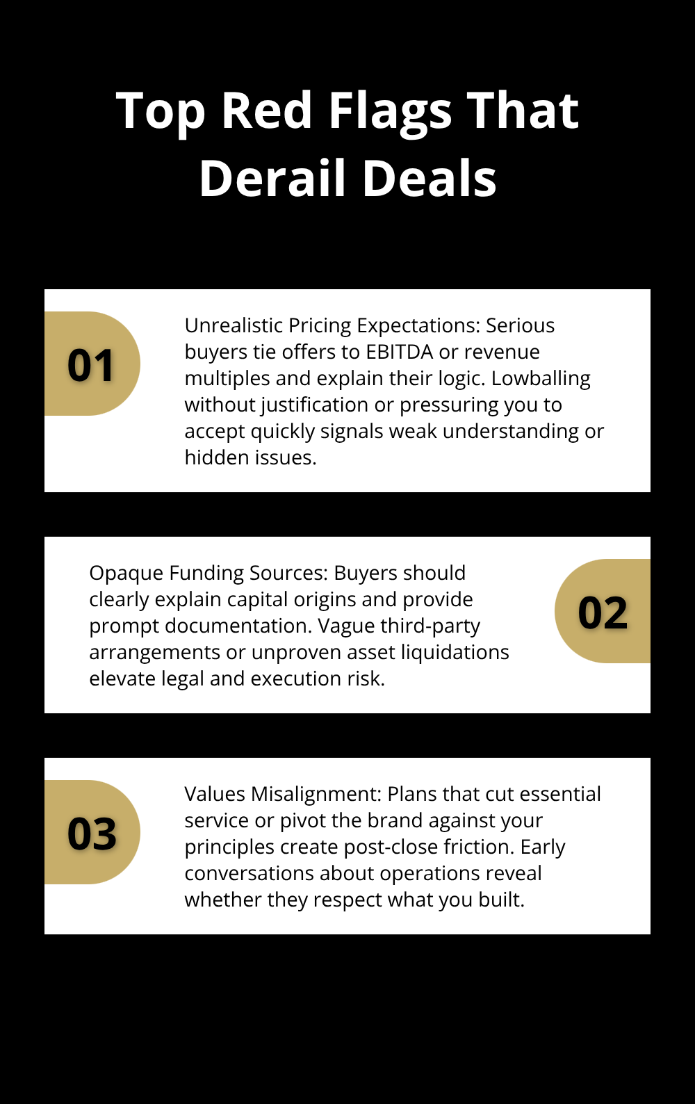 Three-part list describing unrealistic pricing, opaque funding, and values misalignment. - buyer qualification process