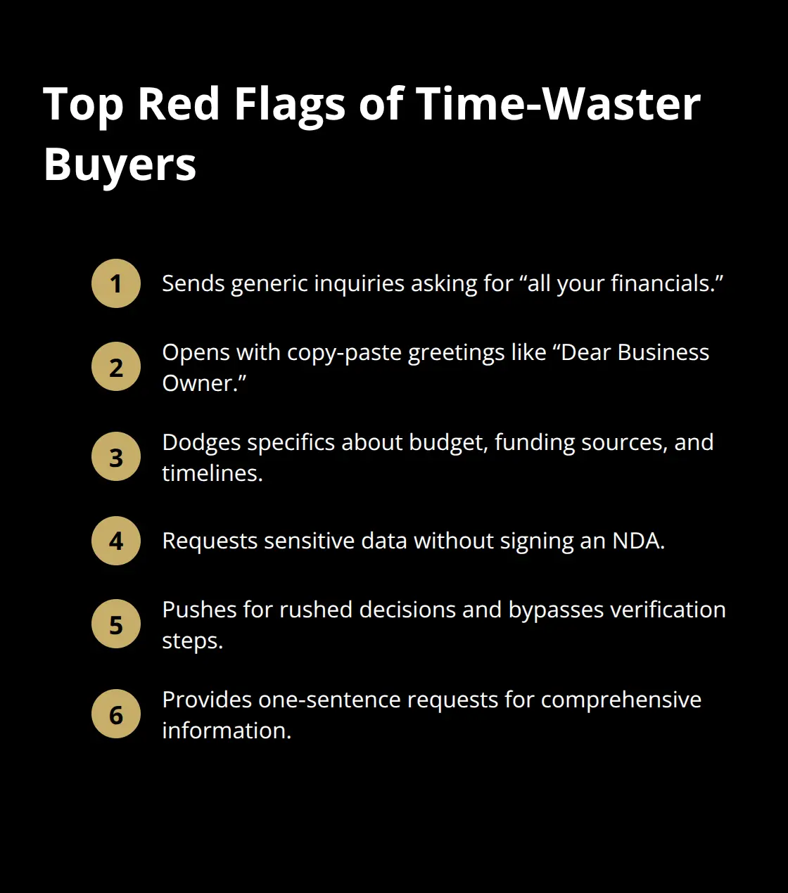 Compact list of common buyer red flags sellers should watch for.