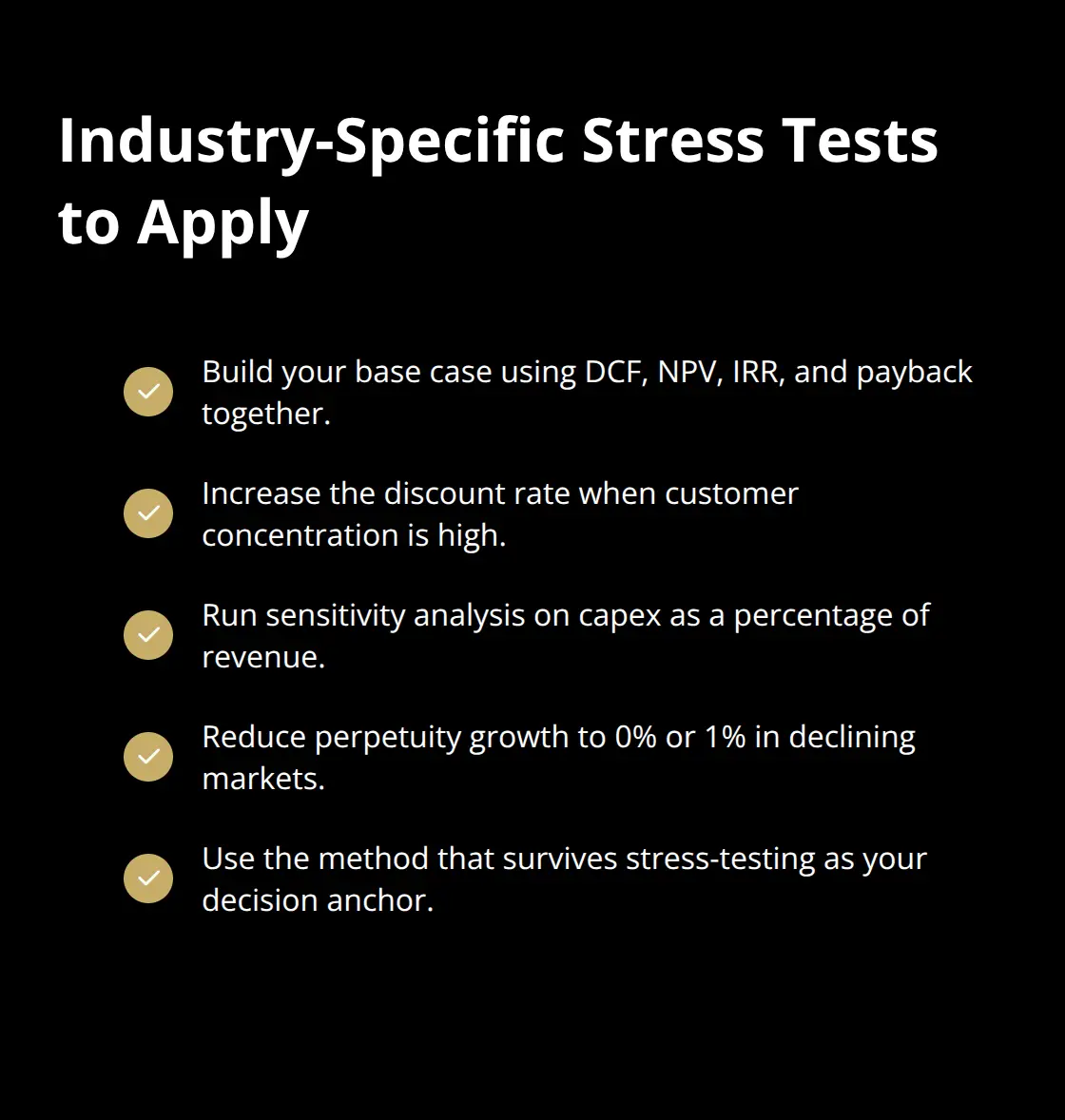 Checklist of stress tests for industry-specific valuation risks.