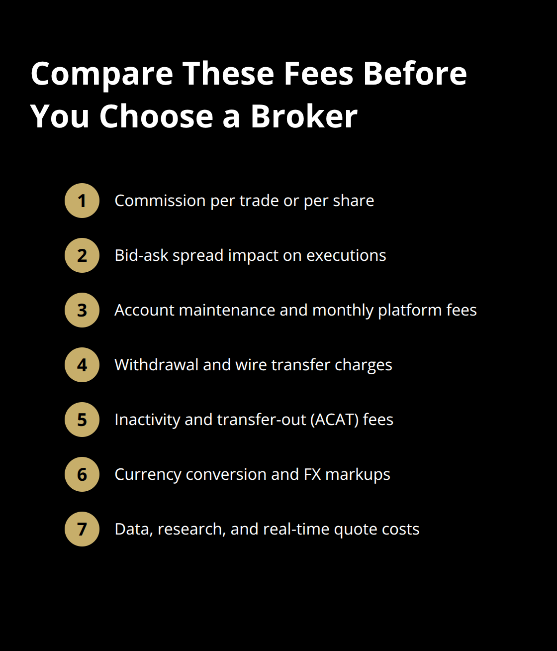 Checklist of broker fee categories to compare across brokers