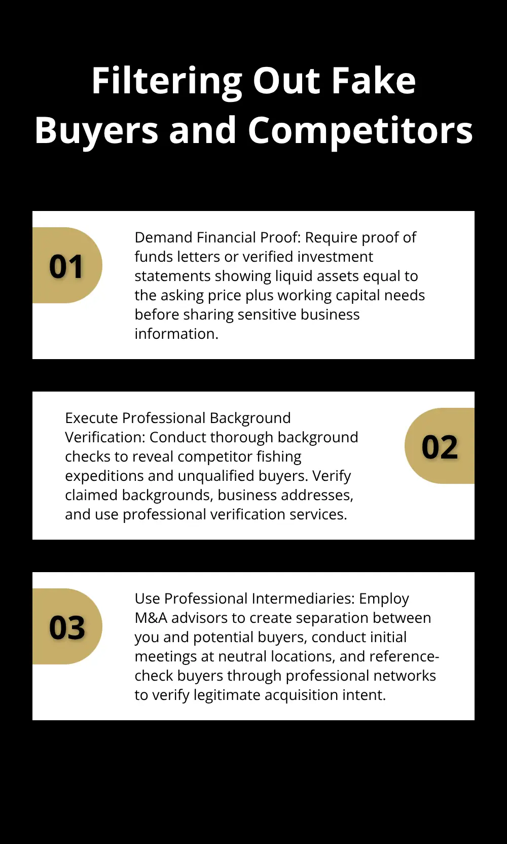 Ordered list chart showing three key steps to filter out fake buyers and competitors during a confidential business sale - confidential sale