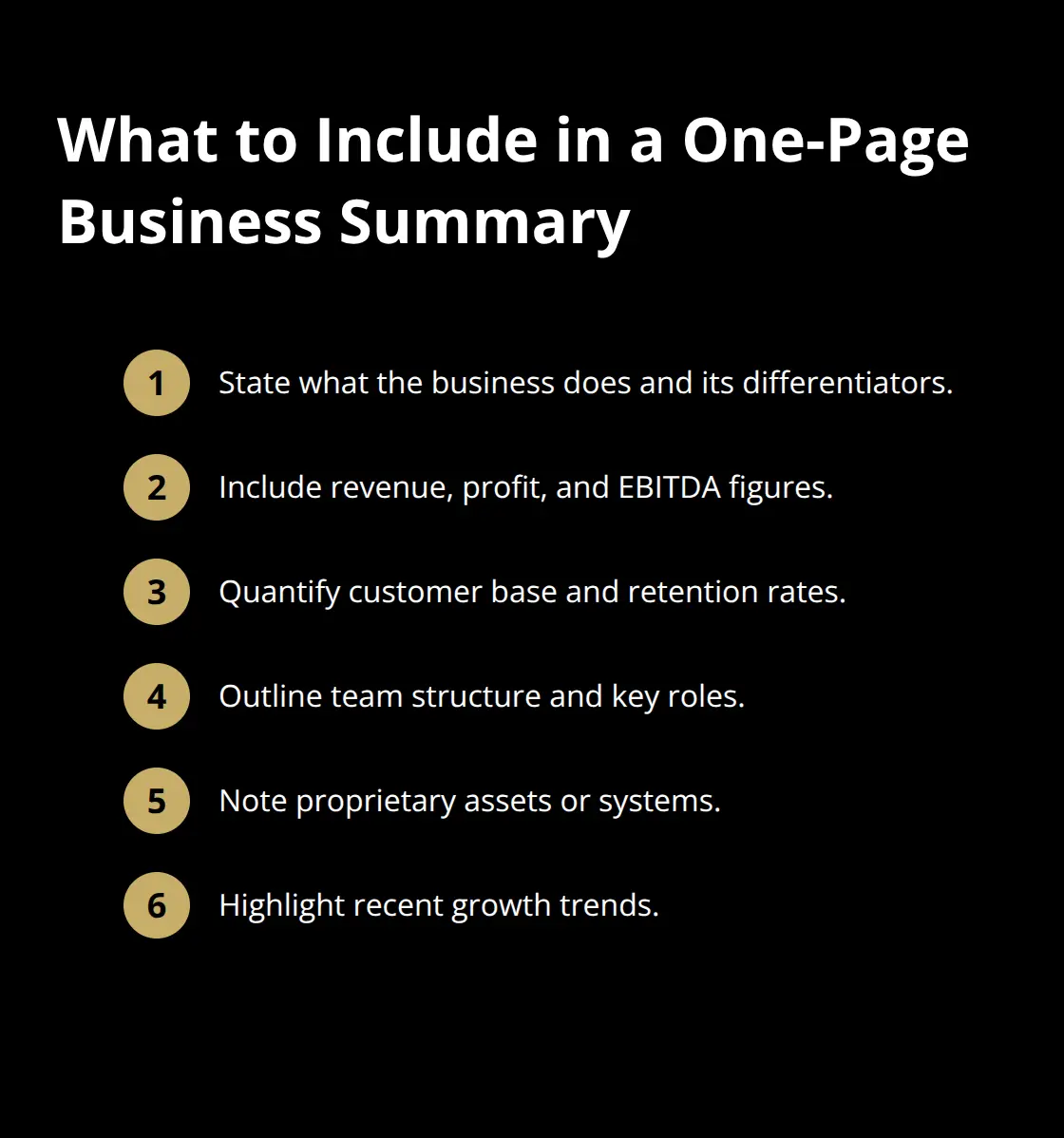 Compact list of the essential elements every one-page business summary should cover. - DIY sell a business
