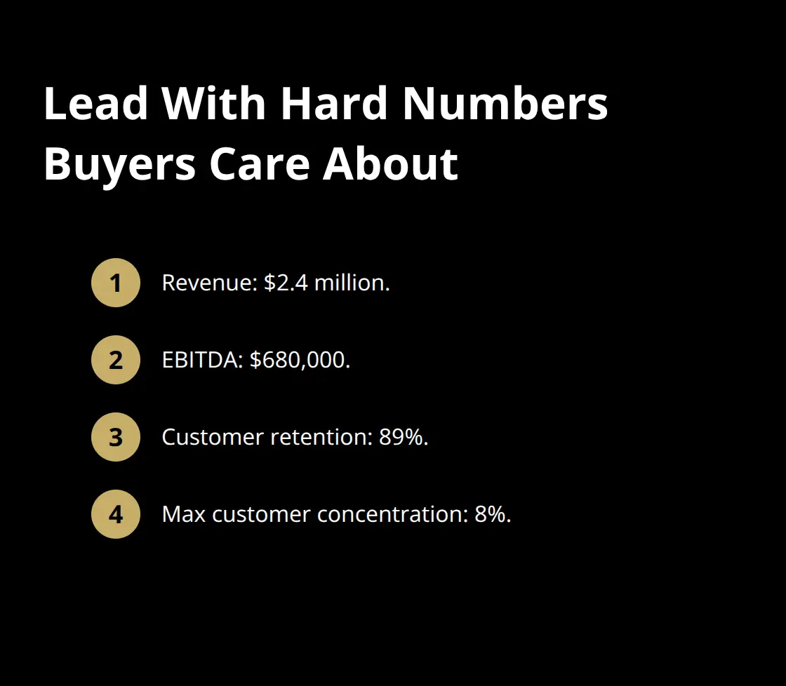 Compact list of key business metrics to present to buyers.